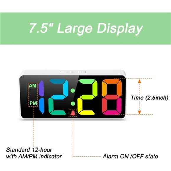 7.5 Inches Large Digital Alarm Clock for Seniors & Kids, 0-100% Dimmable Display - Picture 5 of 6